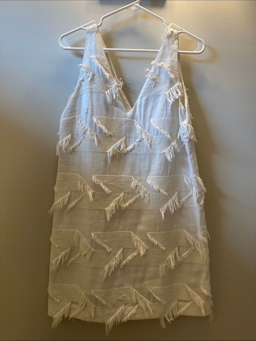Maeve Sleeveless White Fringe V-Neck Mini Dress